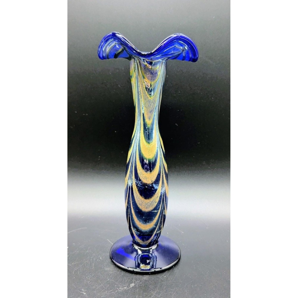 Vintage Jan Zeman Czech Bohemian Art Glass Vase 8.75" Cobalt Pulled Feather